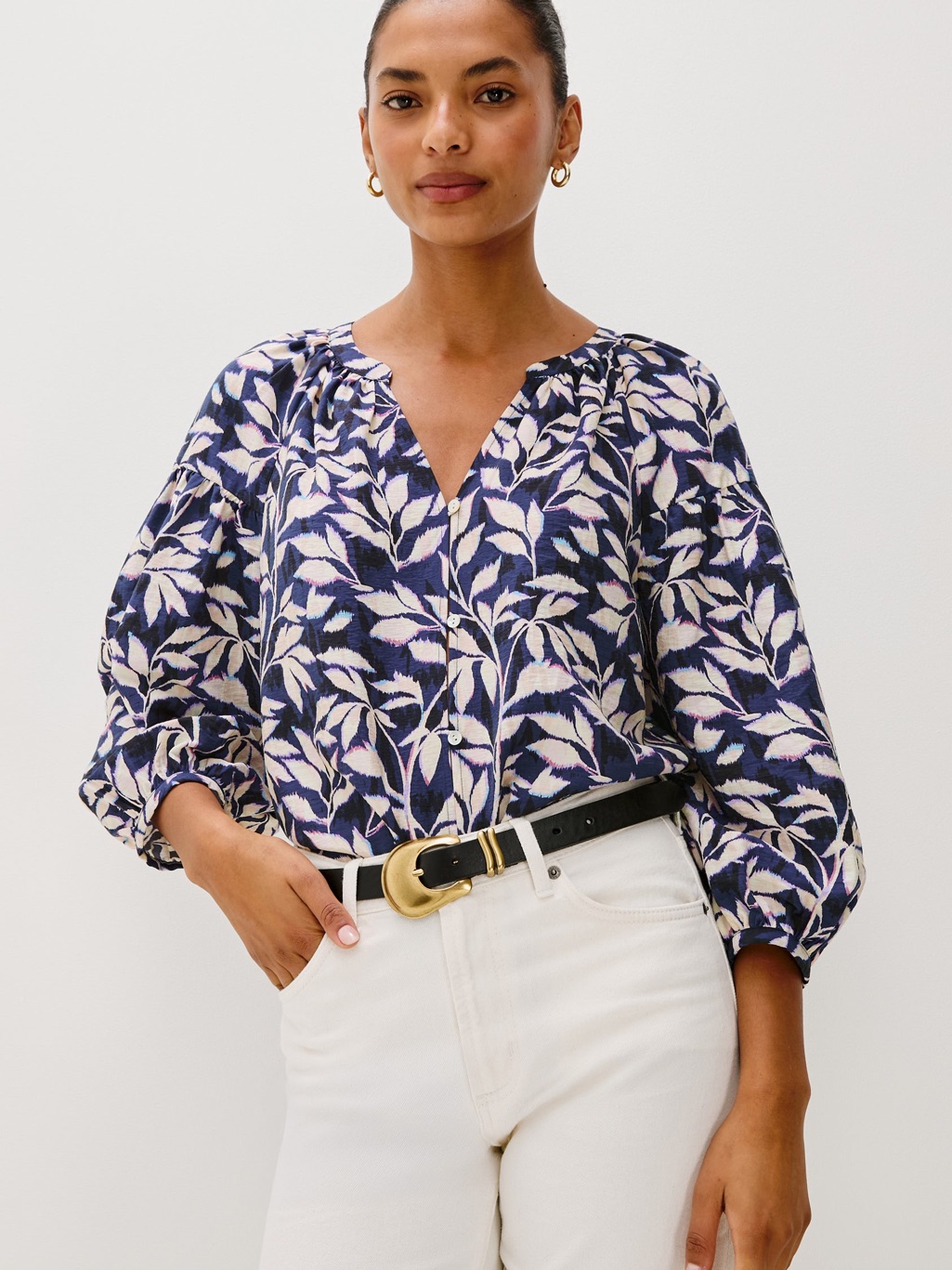 Rails Vasia Top Navy Vines Print Button Front Raglan Sleeve Blouse L Business